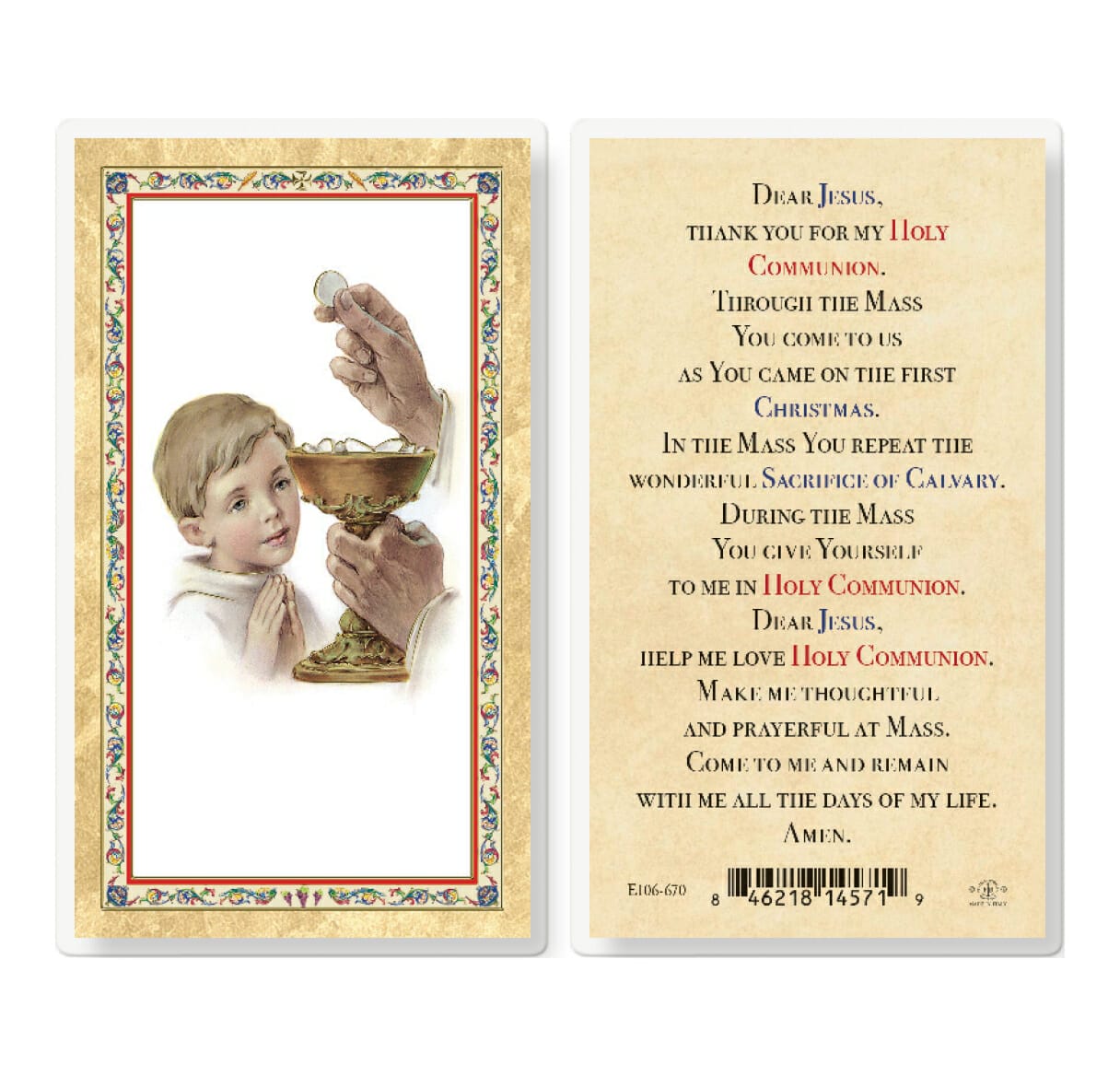 Communion Boy Popular Prayer Gold Stamped Laminated Holy Card 25 Pack