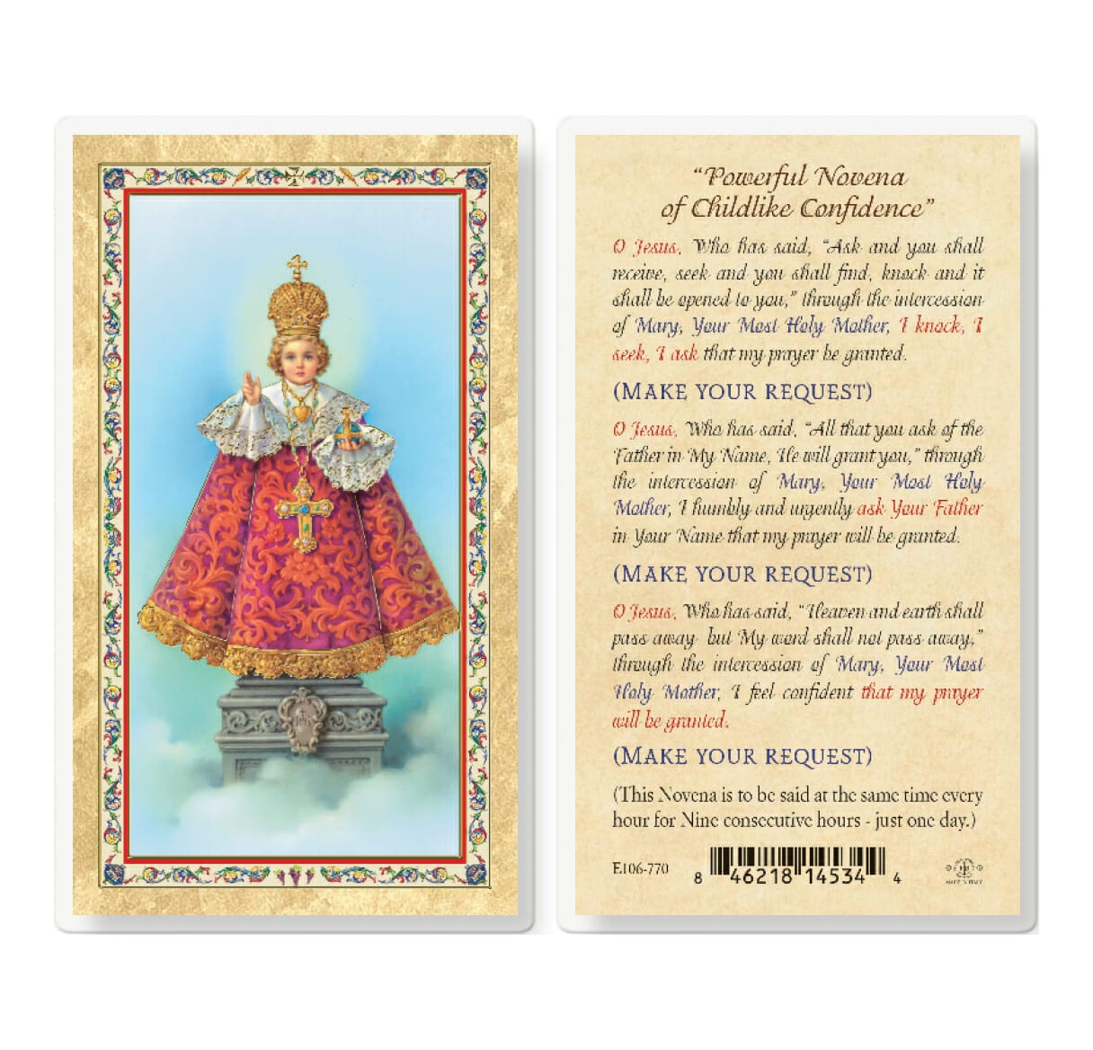 Infant Of Prague Novena Prayer Gold Stamped Laminated Holy Card 25 Pack