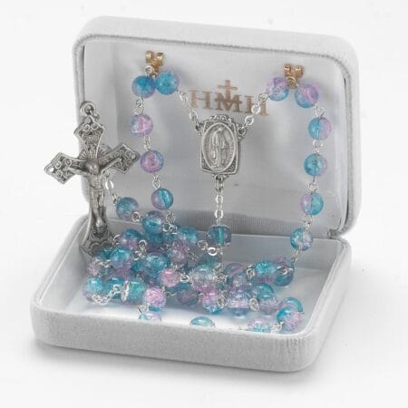 Aqua and Pink Crackle Glass Bead New England Pewter Rosary