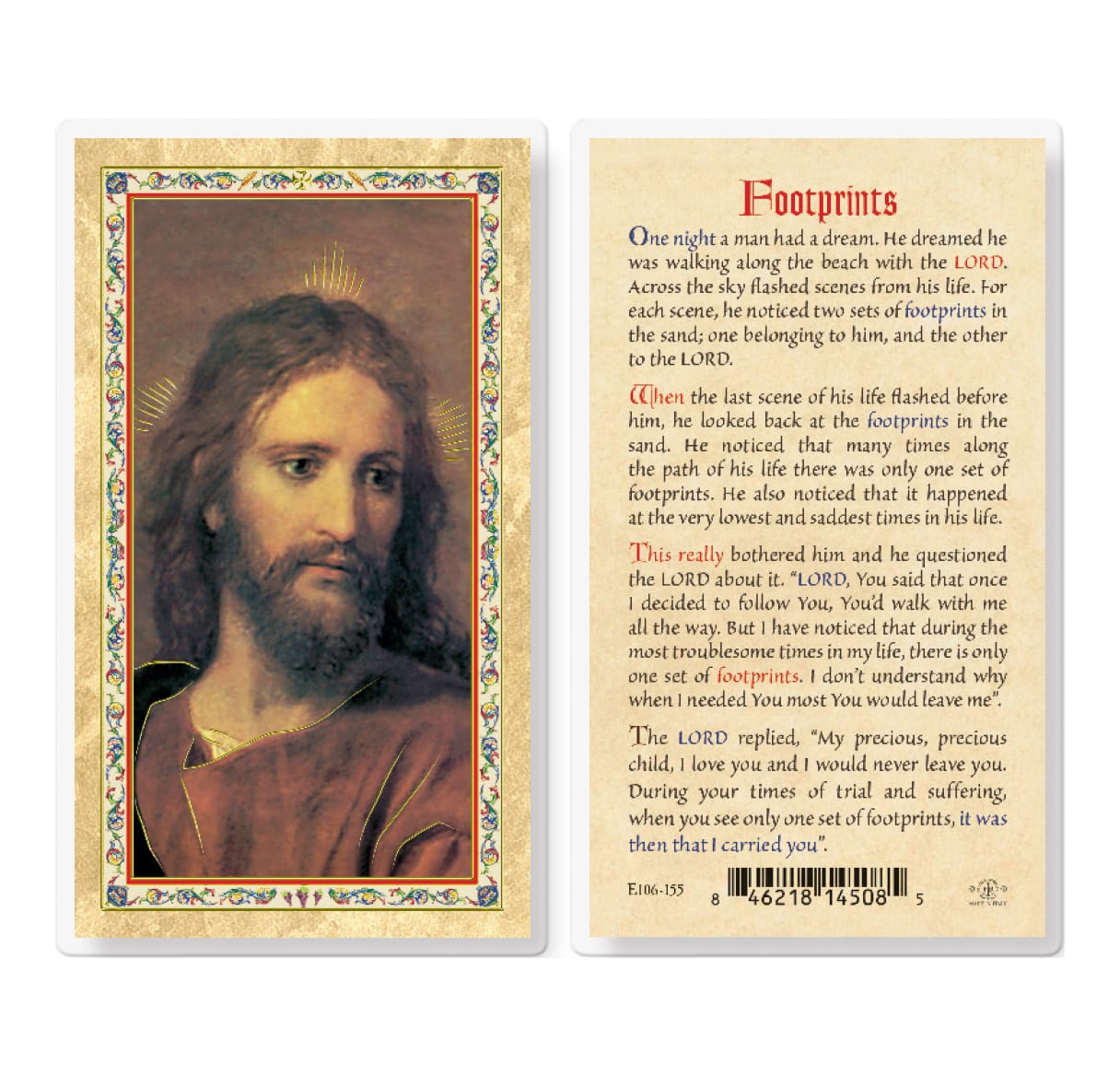 Footprints - Head of Christ Gold-Stamped Laminated Holy Card - 25 Pack