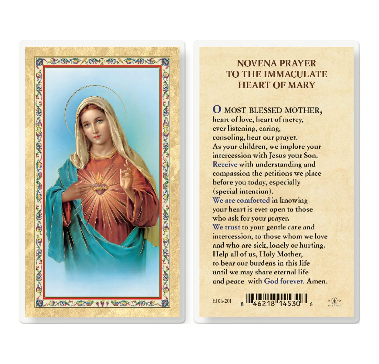 Novena Prayer to the I.M.H. Gold-Stamped Laminated Holy Card - 25 Pack