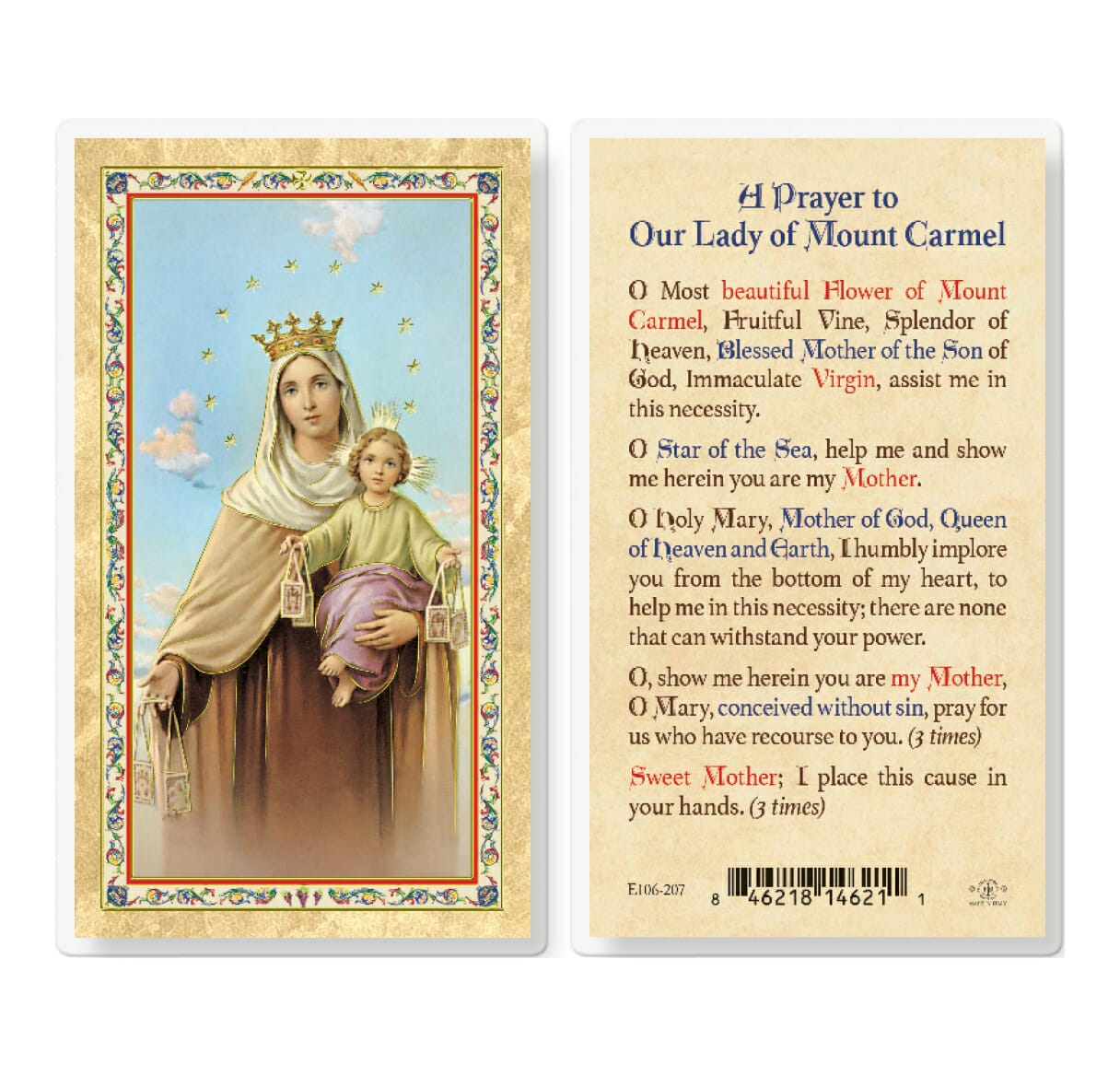 Our Lady of Mt. Carmel Gold-Stamped Laminated Holy Card - 25 Pack