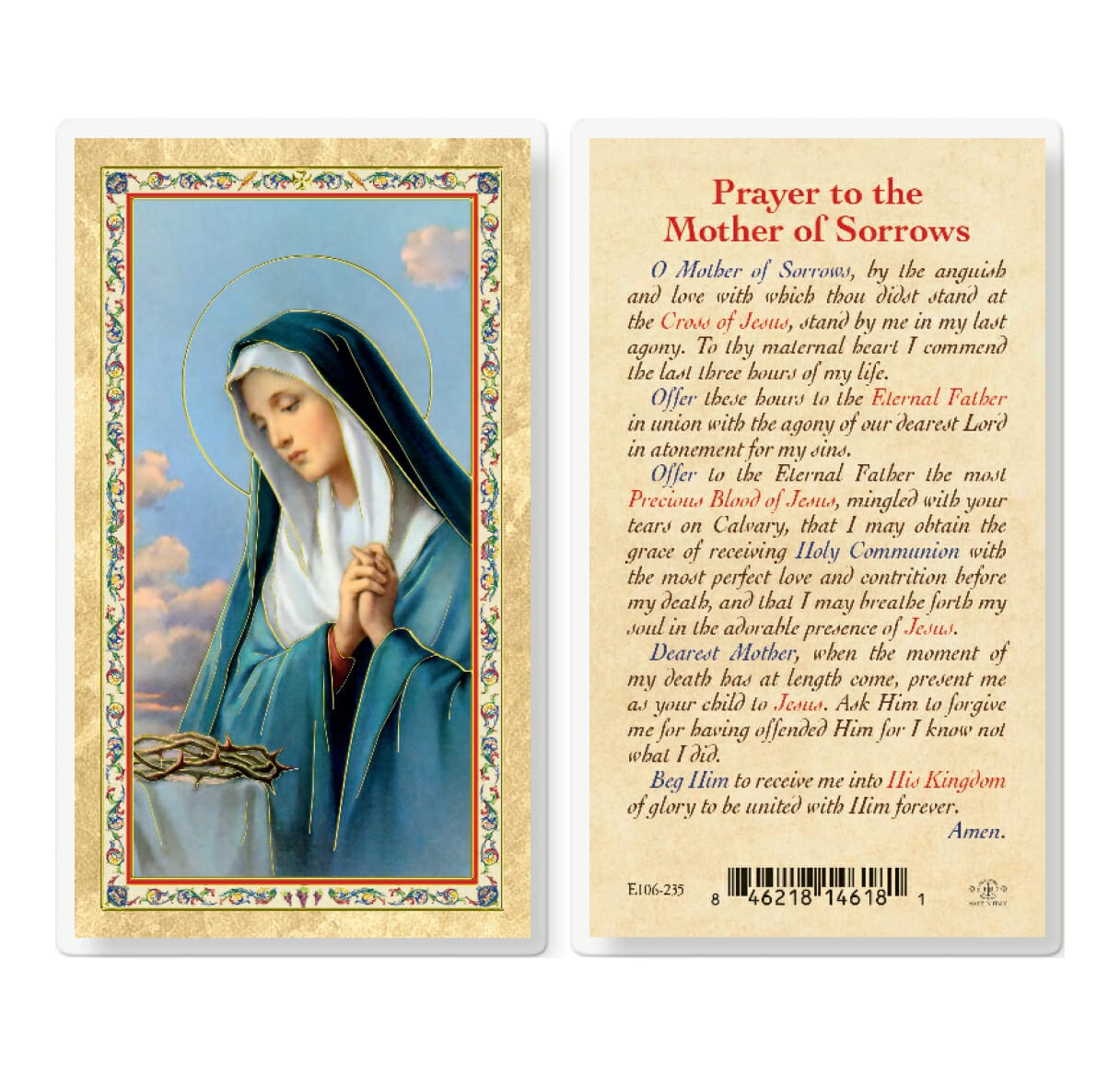 Mother of Sorrow Gold-Stamped Laminated Holy Card - 25 Pack