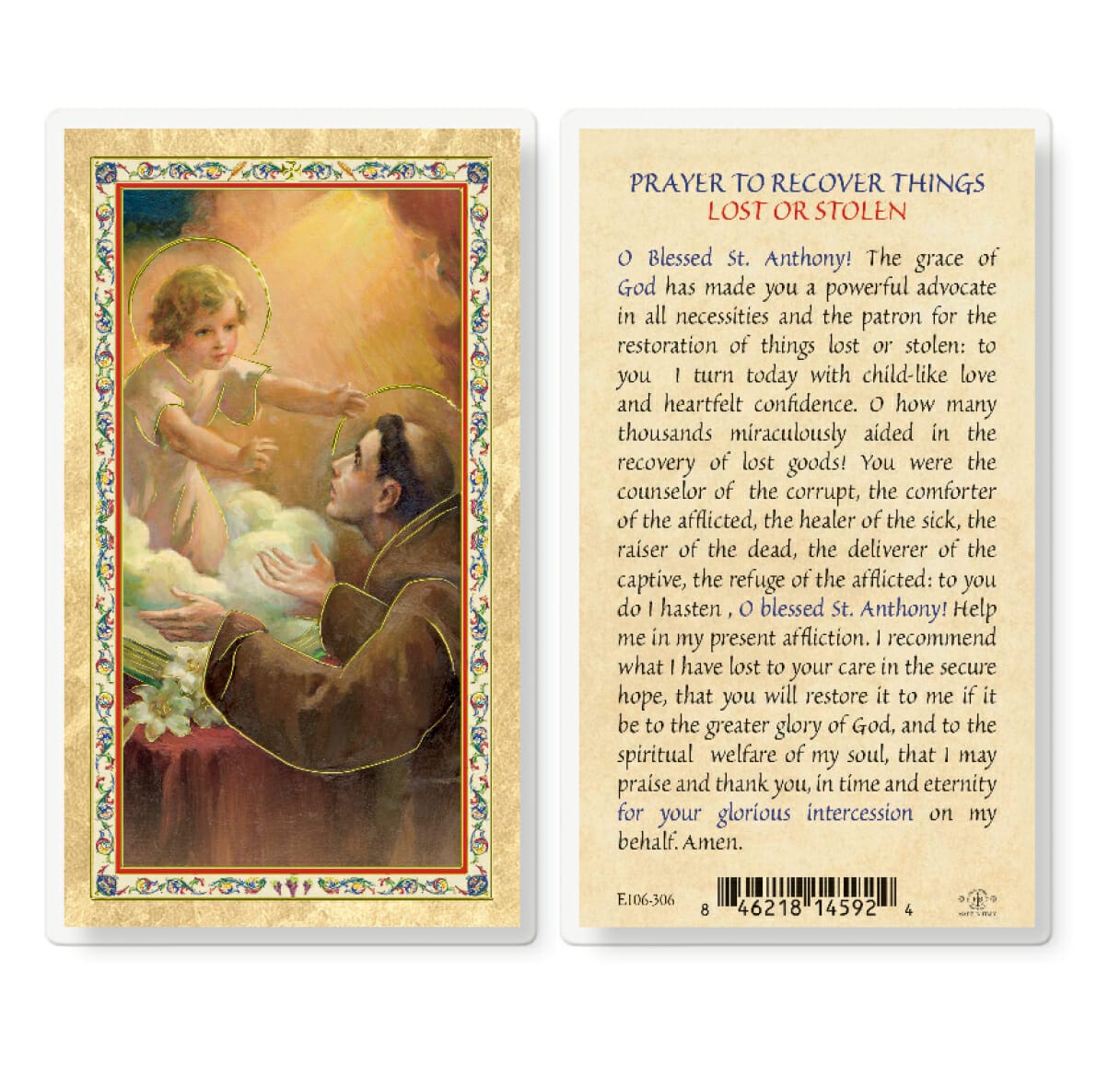 Prayer to Recover Lost Things Gold-Stamped Laminated Holy Card - 25 Pack