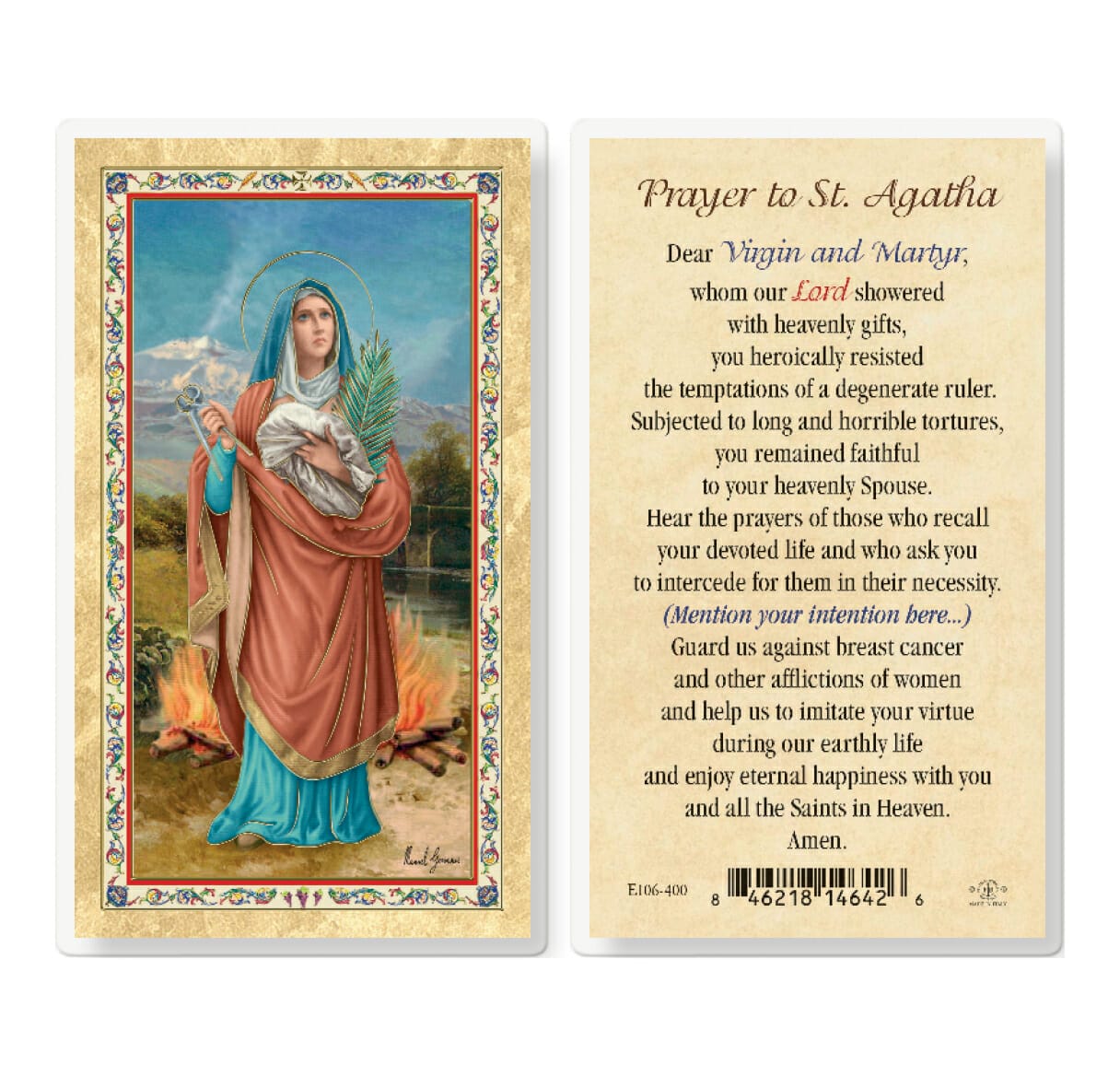 St. Agatha w/ Prayer Gold-Stamped Laminated Holy Card - 25 Pack