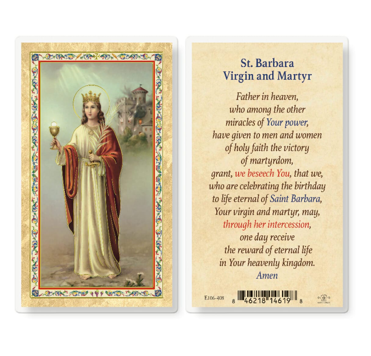 St. Barbara Prayer Biography Gold-Stamped Laminated Holy Card - 25 Pack