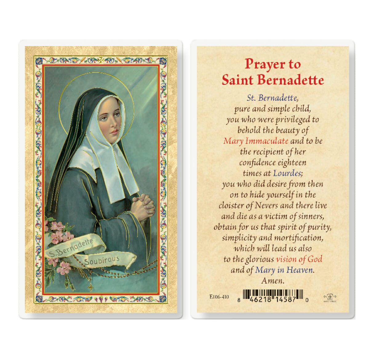 Prayer to St. Bernadette Gold-Stamped Laminated Holy Card - 25 Pack