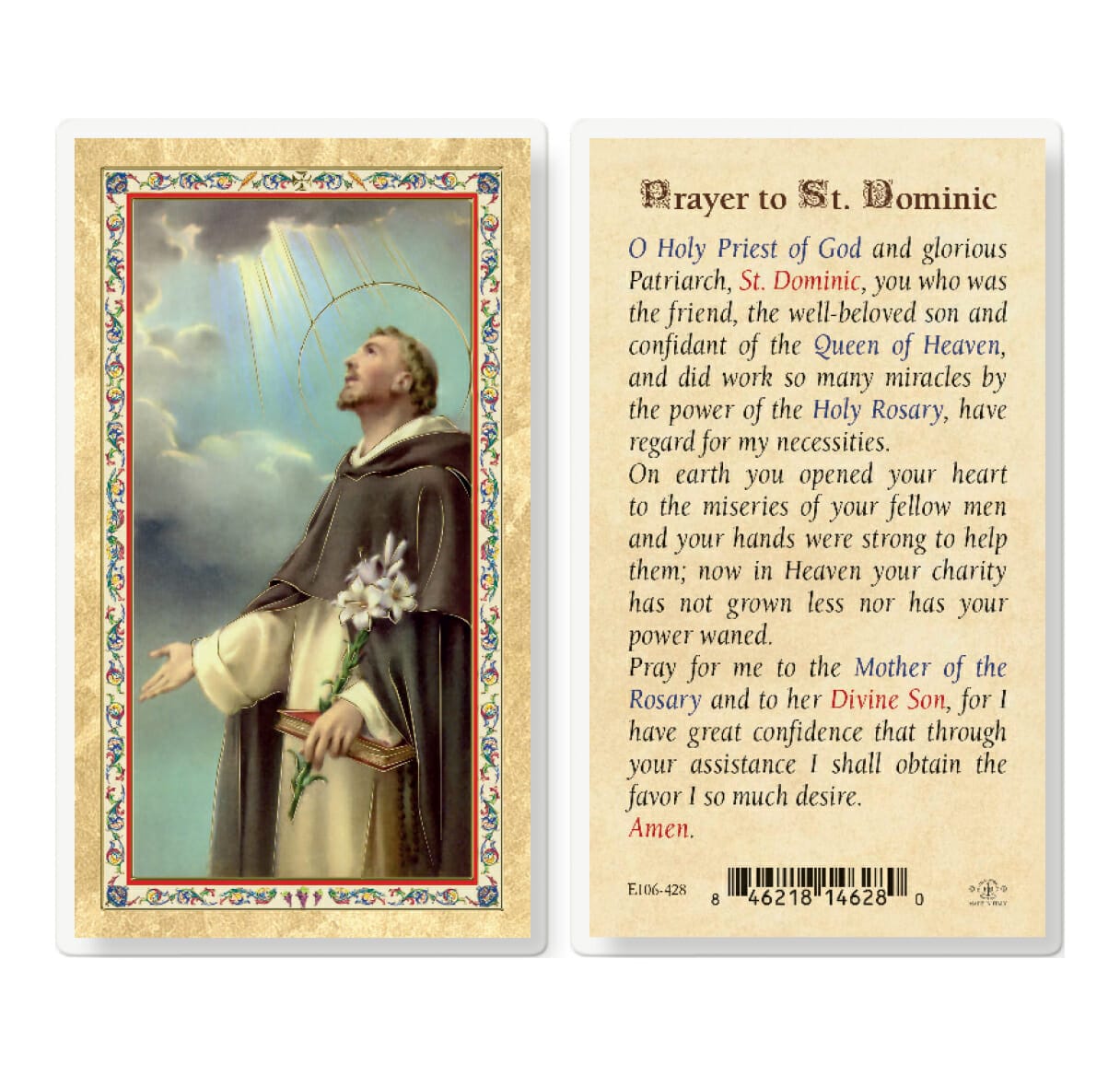 Prayer to St. Dominic Gold-Stamped Laminated Holy Card - 25 Pack