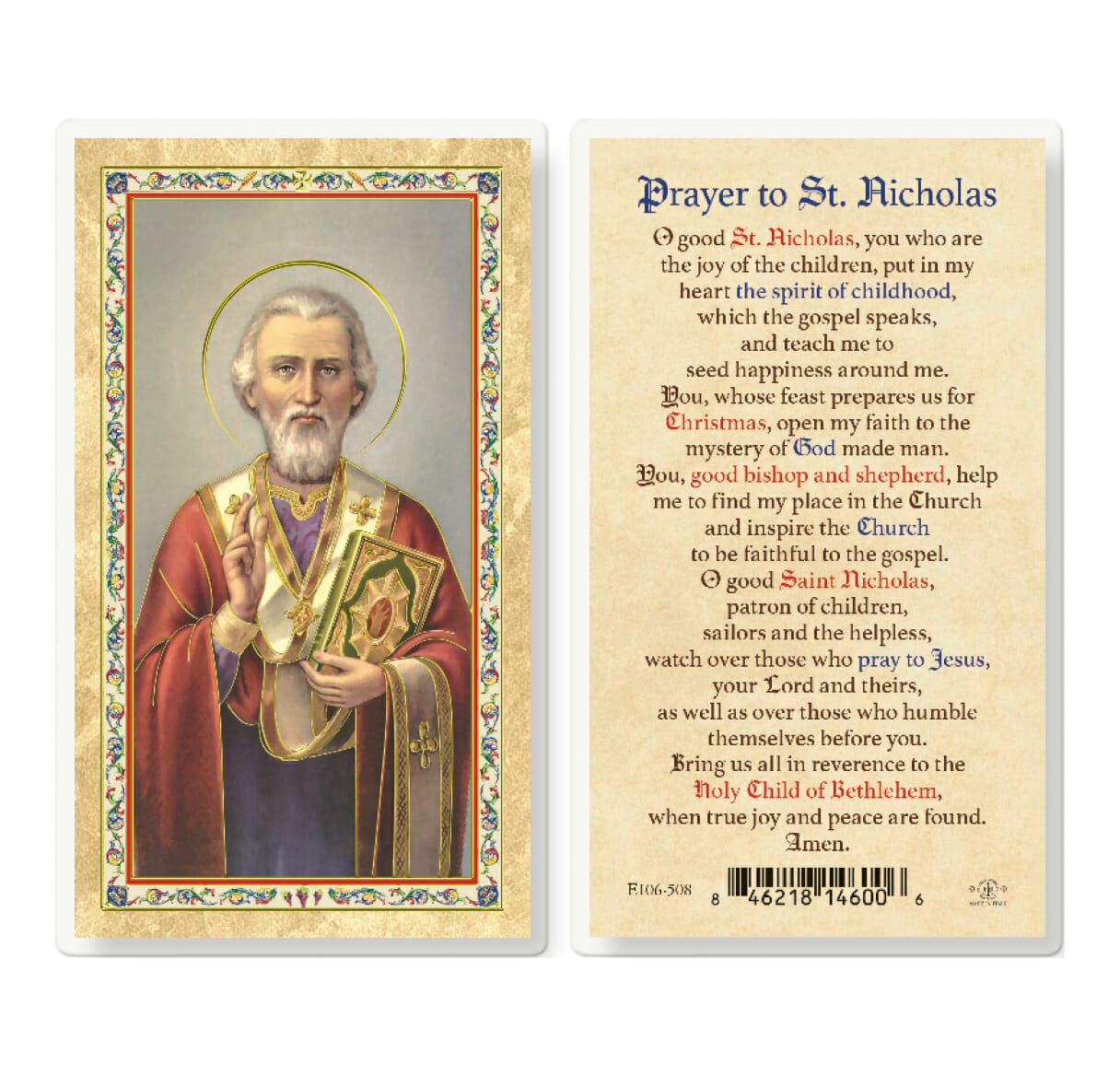 Prayer to St. Nicholas Gold-Stamped Laminated Holy Card - 25 Pack