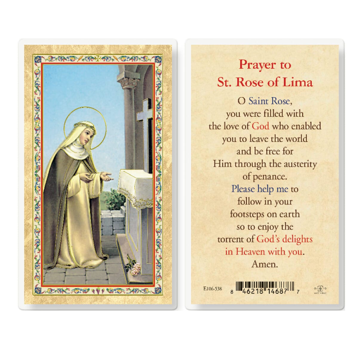 Prayer To St. Rose Of Lima Gold-Stamped Laminated Holy Card - 25 Pack