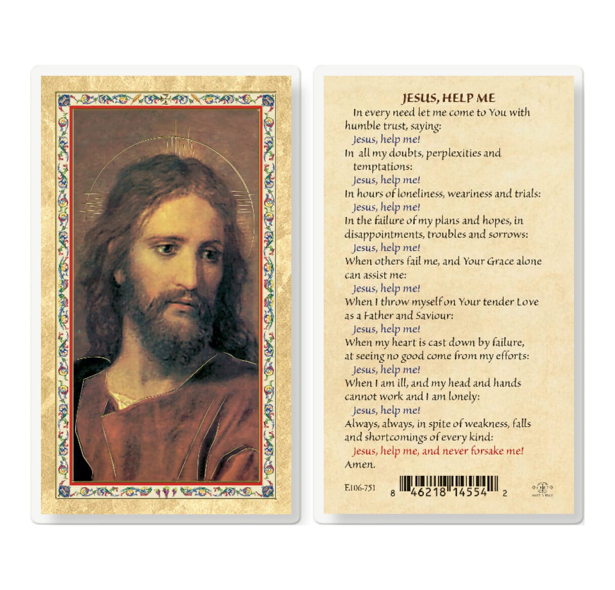 Jesus Help Me - Head of Christ Gold-Stamped Laminated Holy Card - 25 Pack