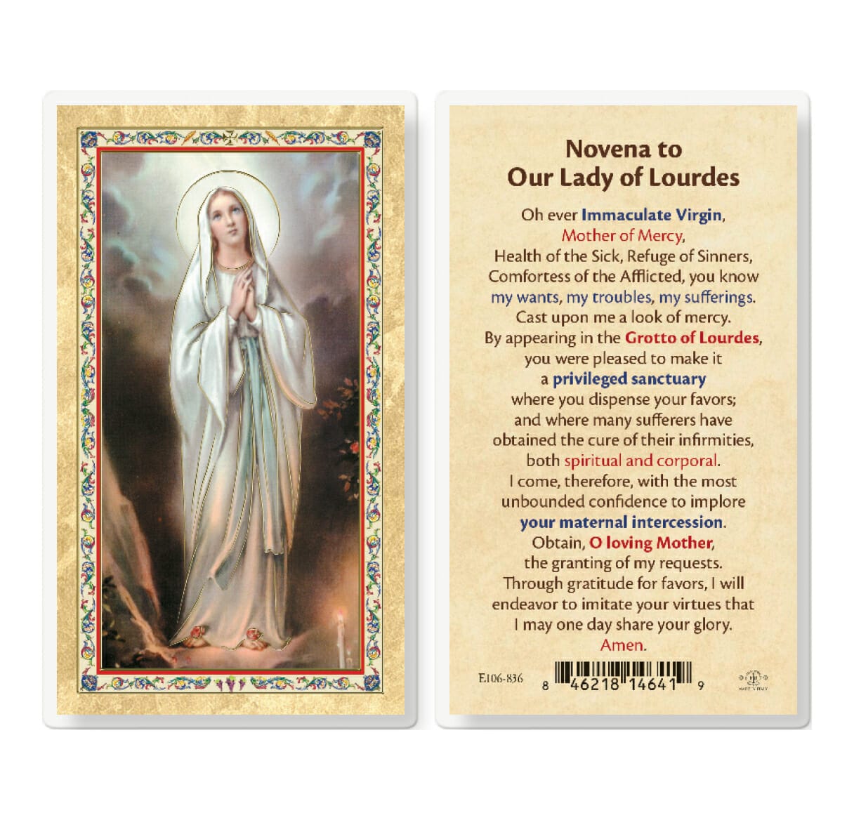 Novena to Our Lady of Lourdes Gold-Stamped Laminated Holy Card - 25 ...