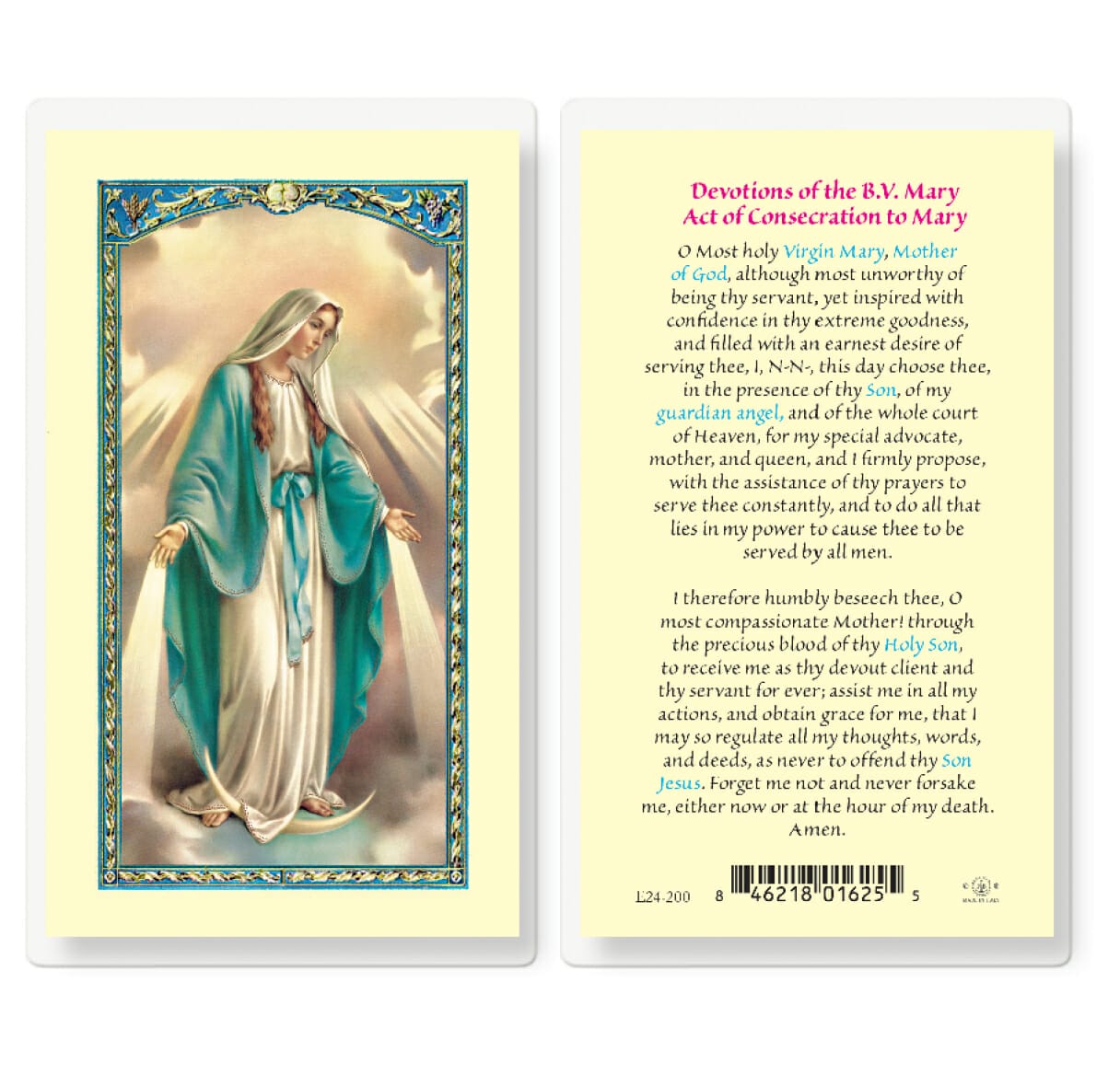 Devotions of the Blessed Virgin Mary Laminated Holy Card - 25 Pack