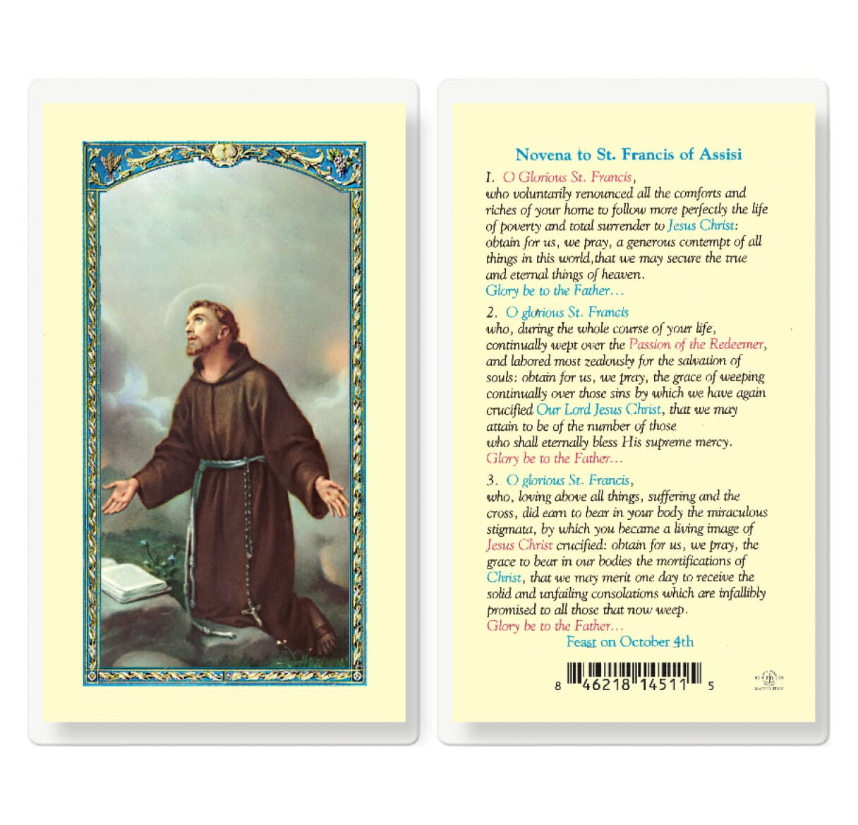 Saint Francis Novena Laminated Holy Card - 25 Pack - Buy Religious ...