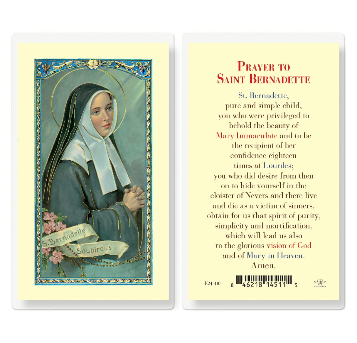 Saint Bernadette Laminated Holy Card - 25 Pack