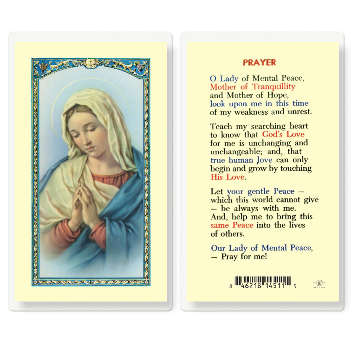 Our Lady of Mental Peace Laminated Holy Card - 25 Pack