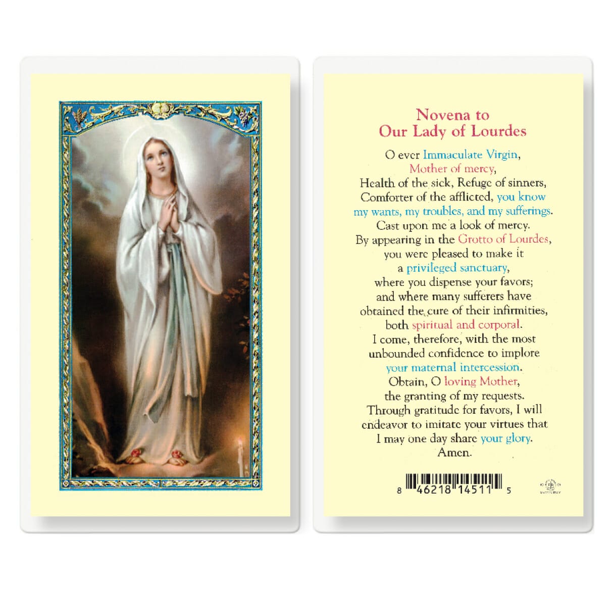 Our Lady of Lourdes Novena Laminated Holy Card - 25 Pack