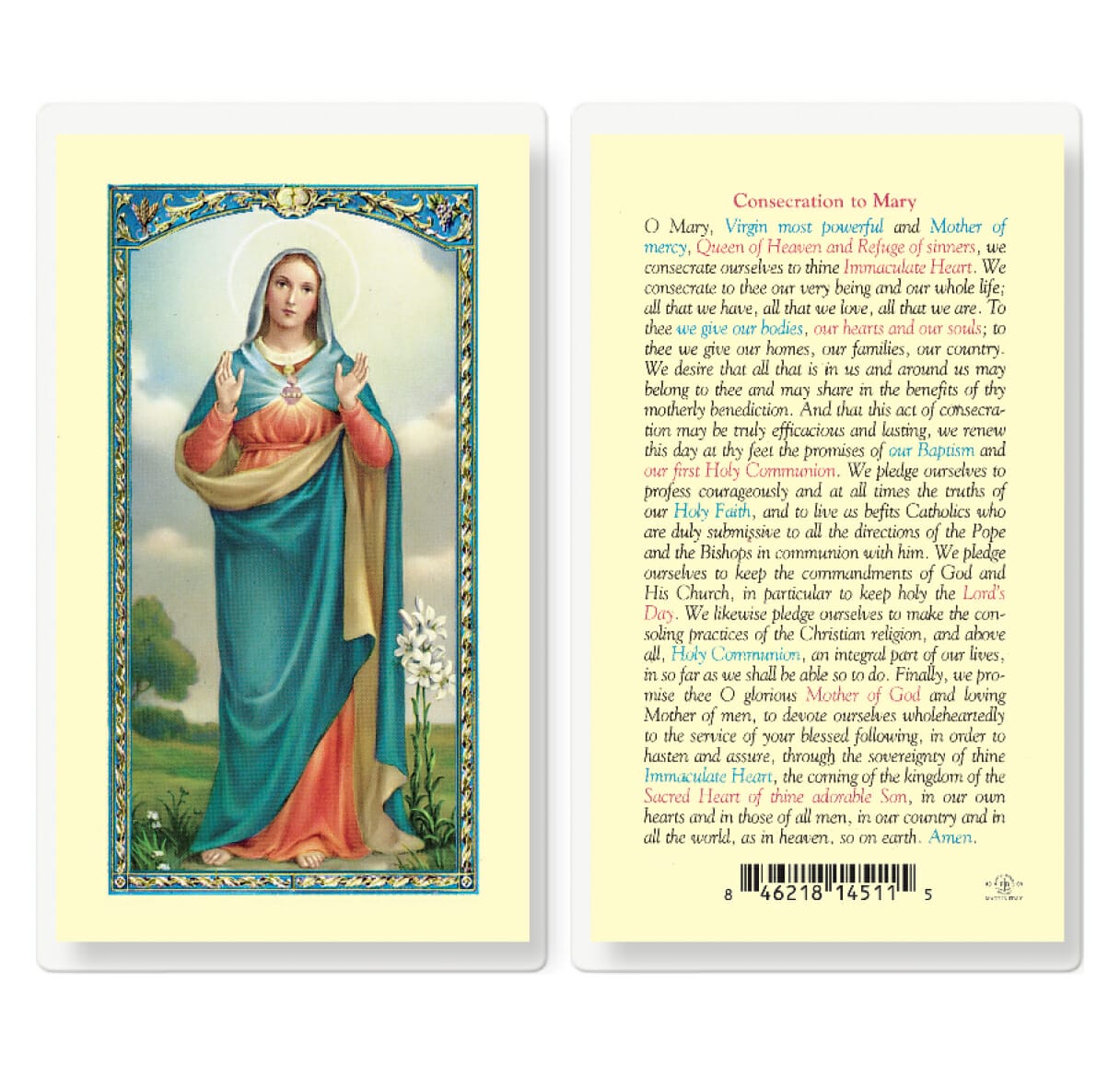 Consecration of Mary Laminated Holy Card - 25 Pack