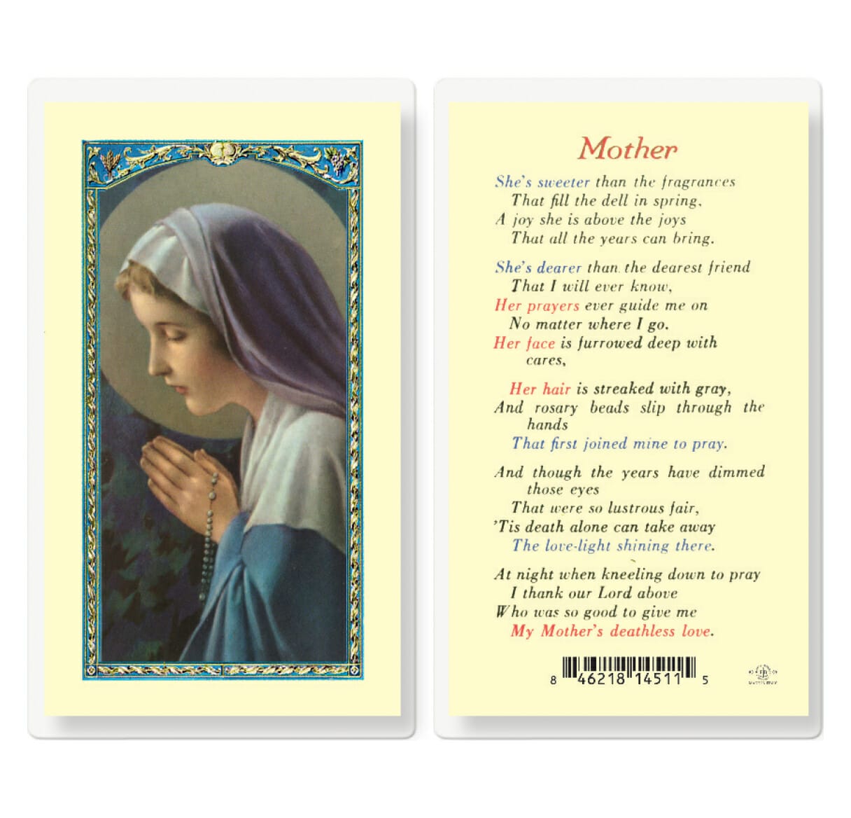 Mother-Madonna Laminated Holy Card - 25 Pack