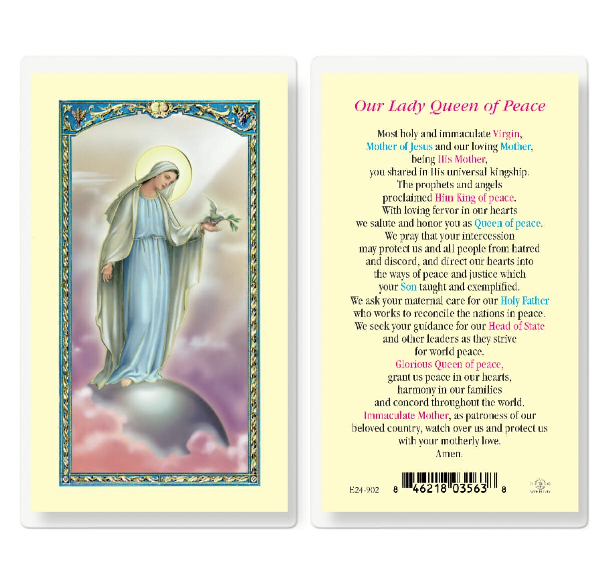 Our Lady Queen of Peace Laminated Holy Card - 25 Pack