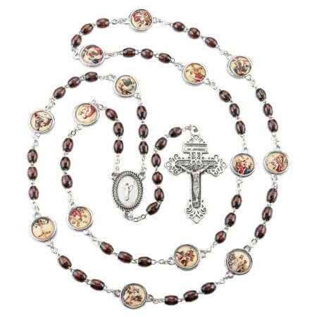 7 x 9mm Brown Oval Wood Beads Rosary With Silver Oxidized Crucifix. 14 Color Epoxied Station Medals. LGTH 26"