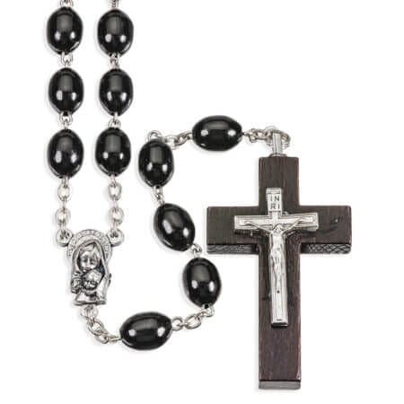 Black Wood Oval Bead Rosary 23"